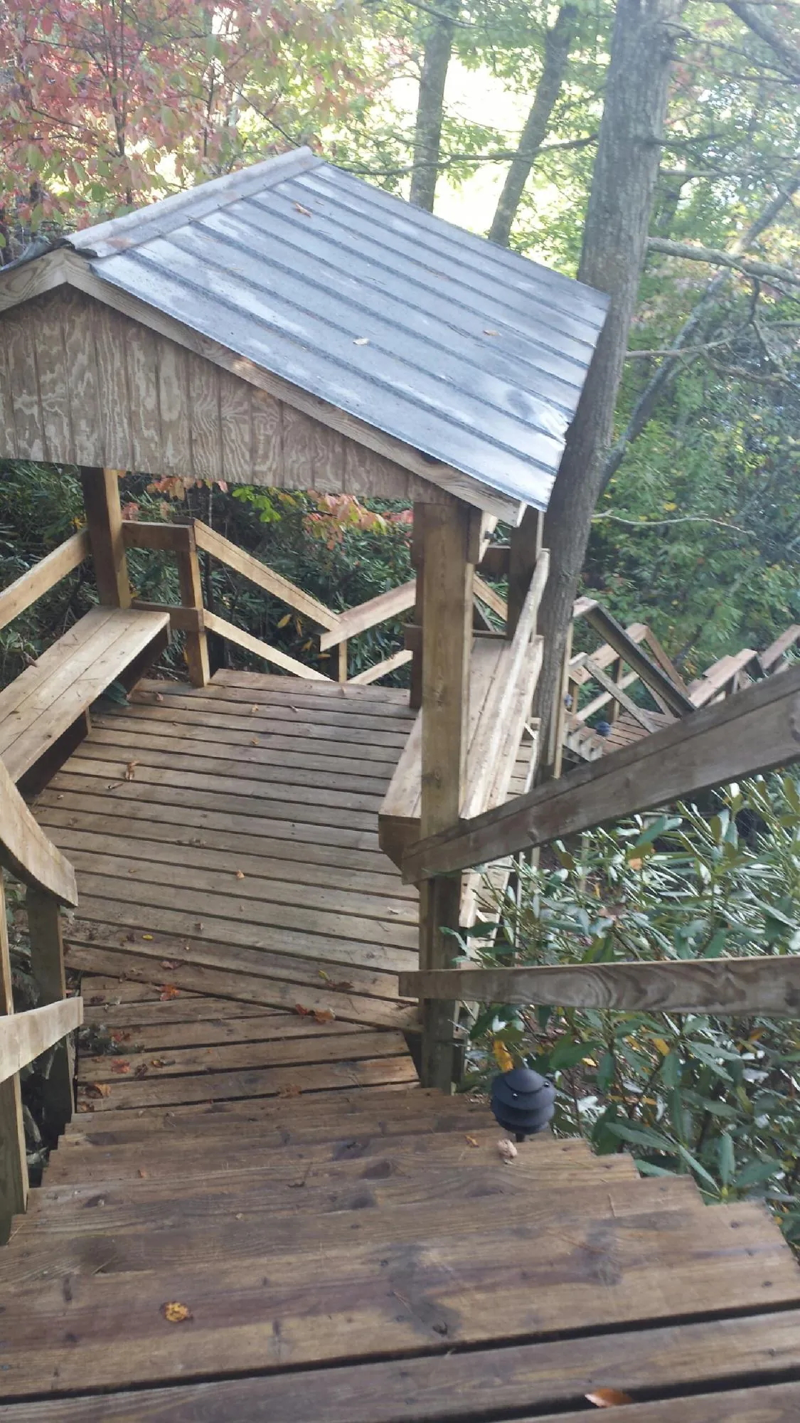 Metal roofed shelter over wooden steps on a wooded walkway — Skylight Repair & Installation work by our crew in Collinsville